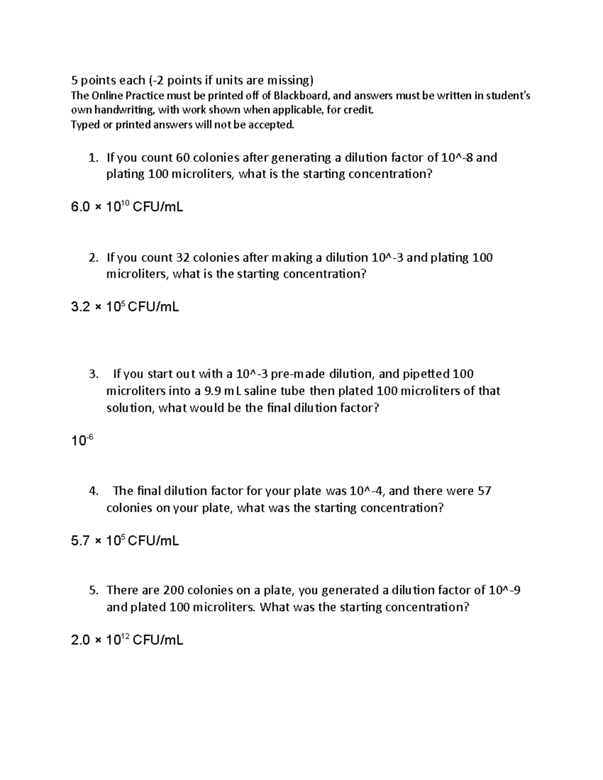 Answers Serial Dilutions Practice Worksheet 5 Points Each 2 