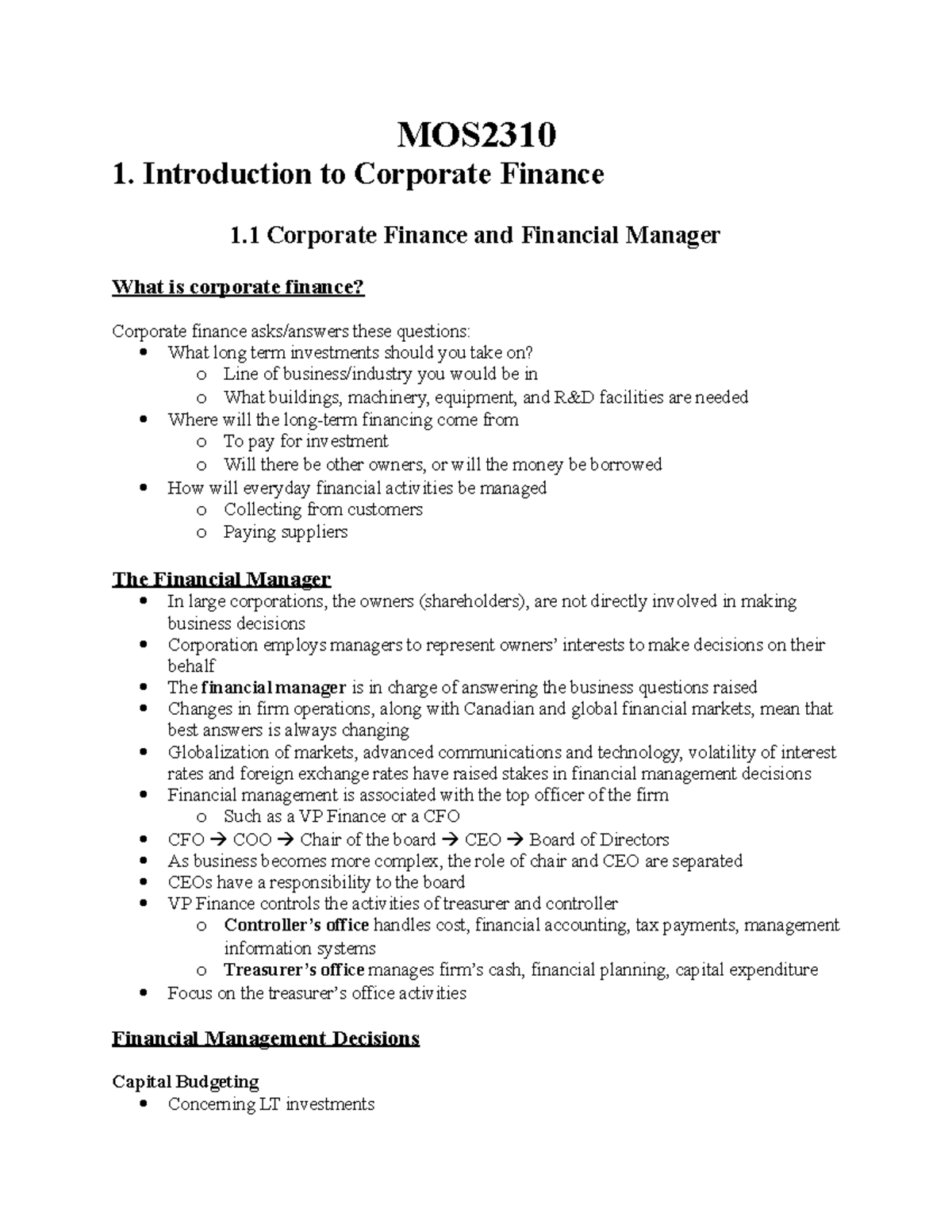 MOS2310 Ch1 textbook notes - MOS 1. Introduction to Corporate Finance 1 ...