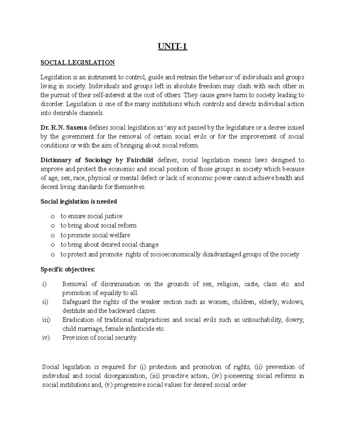 Introduction TO Social Legislation UNIT SOCIAL LEGISLATION