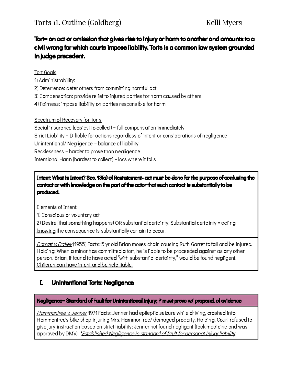 Torts 1l Outline - Torts Is A Common Law System Grounded In Judge 