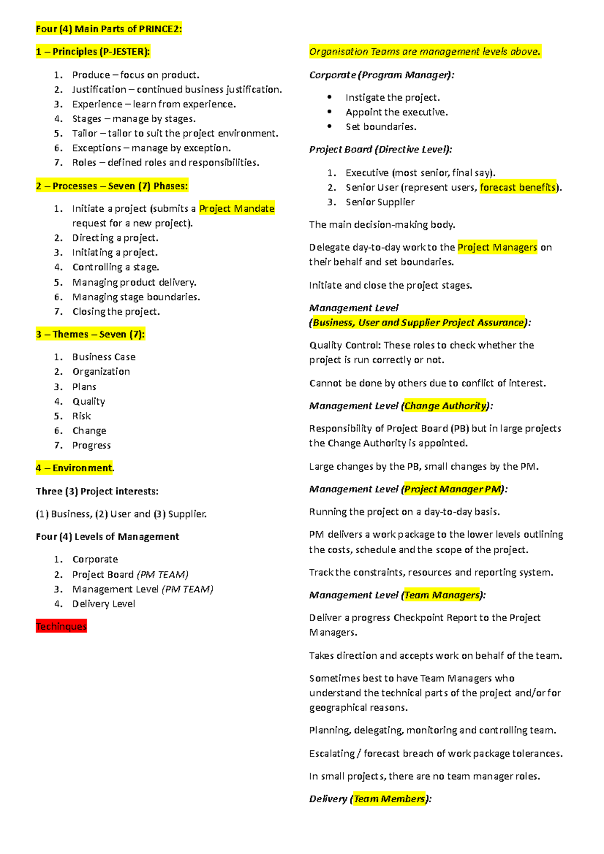PMO201 Prince 2 Mid-Sem Notes - Four (4) Main Parts of PRINCE2: 1 ...