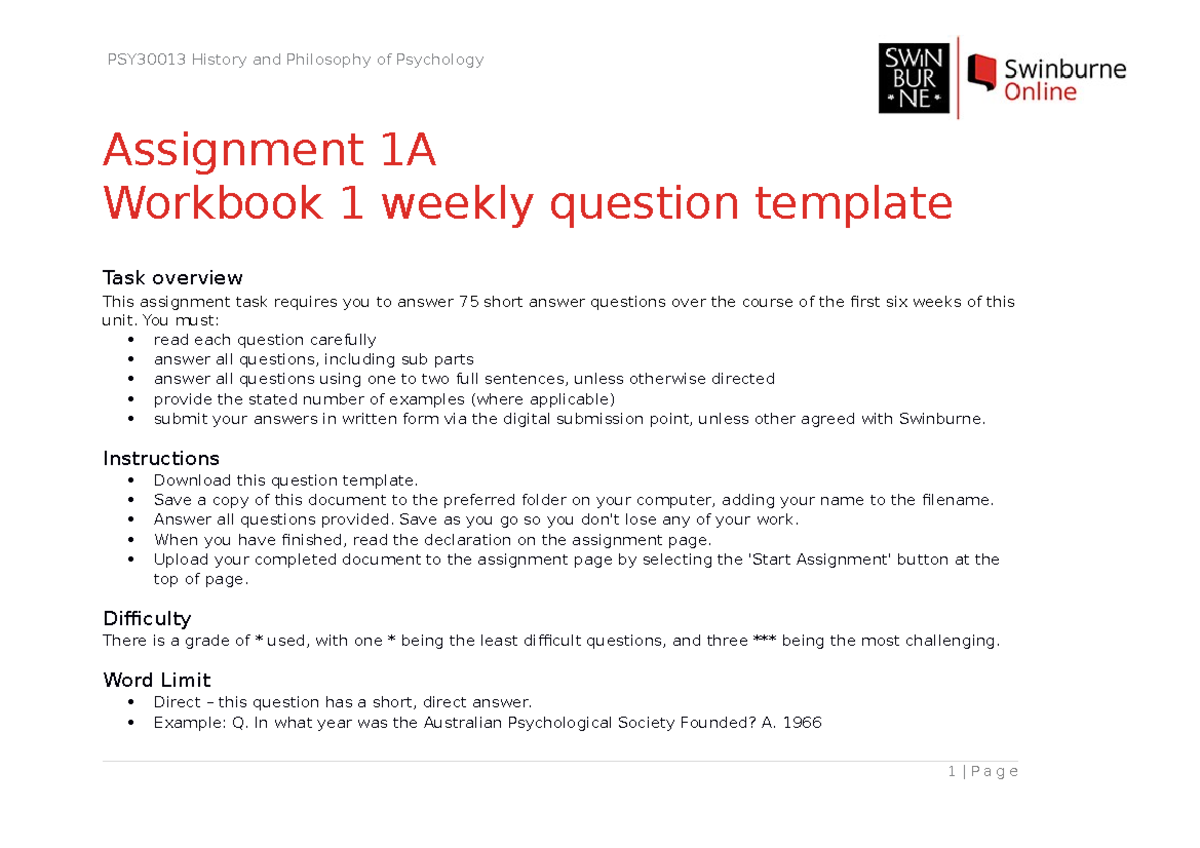 Workbook 1 For Assignment 1A - Assignment 1A Workbook 1 Weekly Question ...