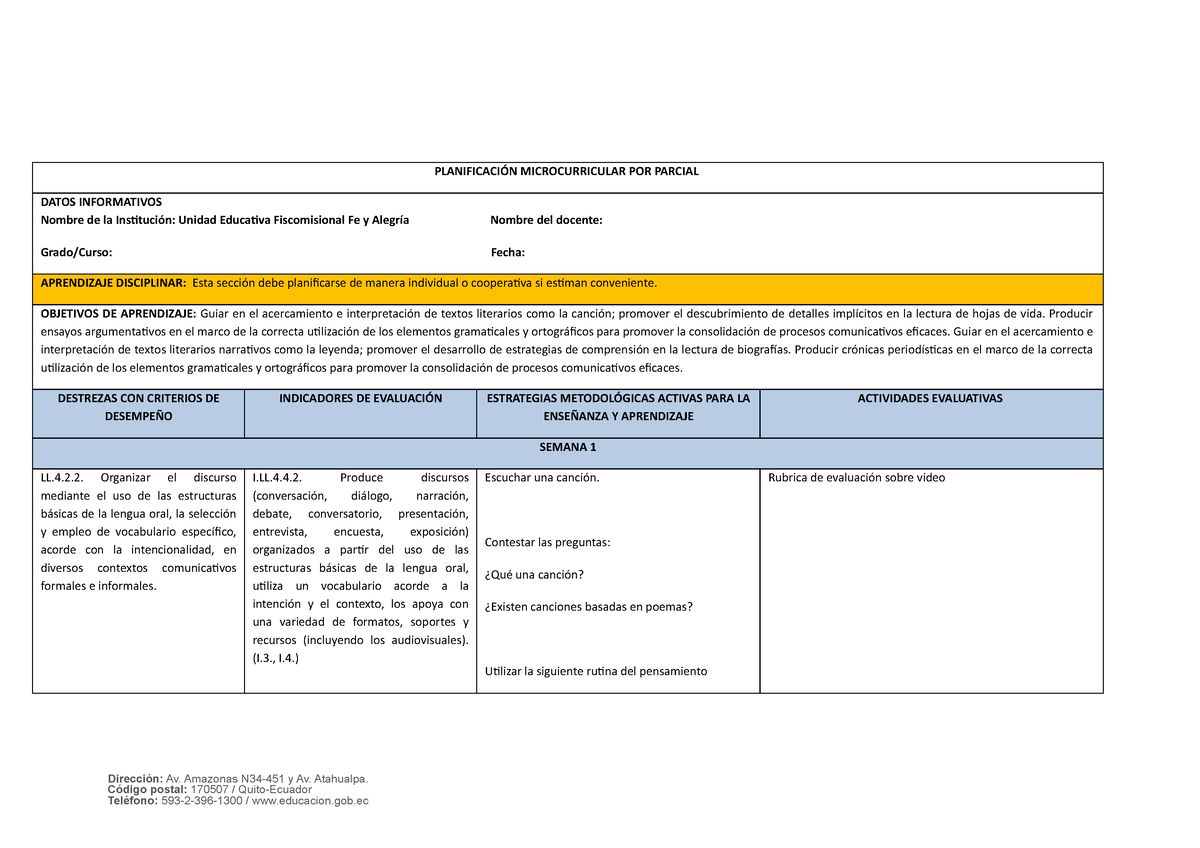 1 Formato De Planificación Microcurricular 9lenguaje PlanificaciÓn Microcurricular Por 5504