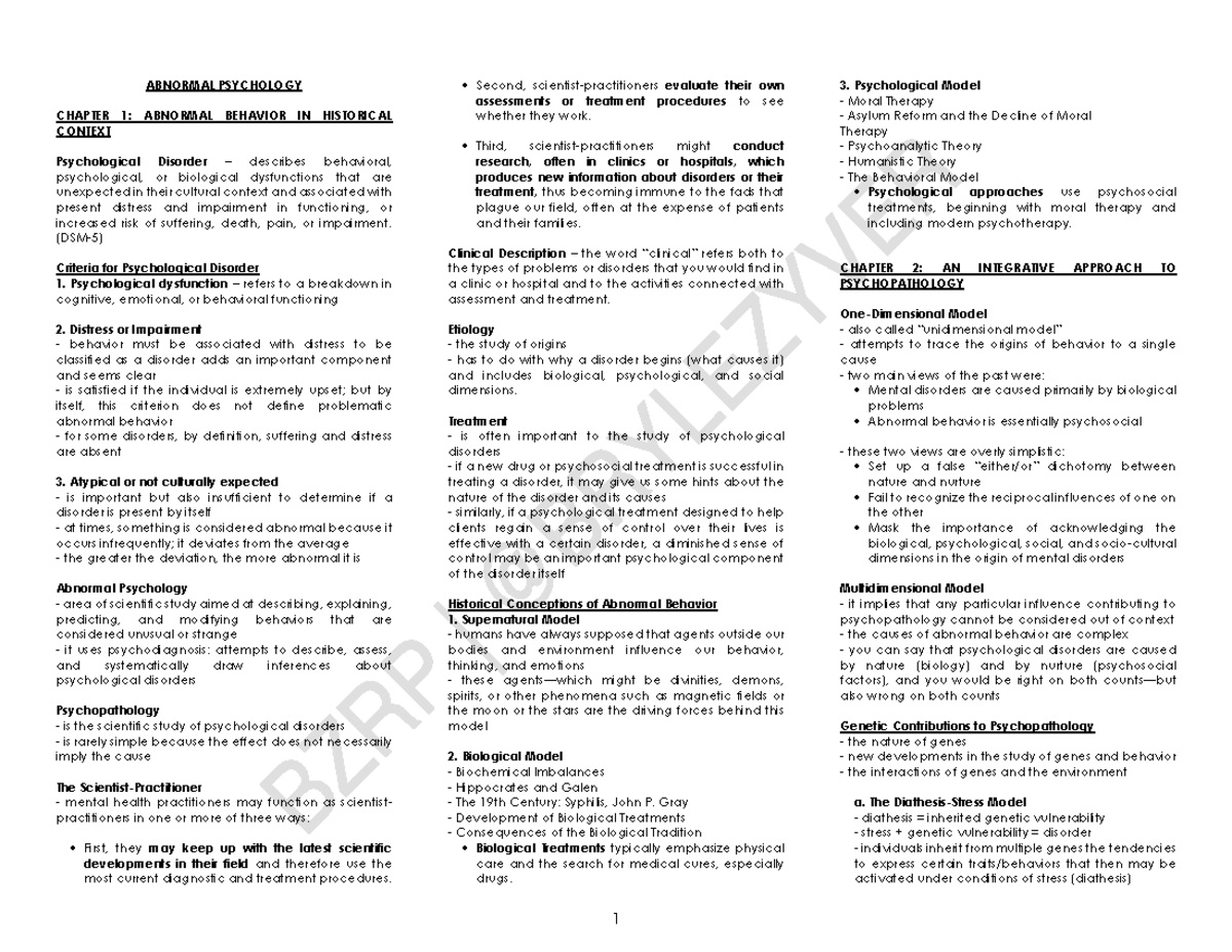 Abpsy- Lecture- Notes - xzsx - ABNORMAL PSYCHOLOGY CHAPTER 1: ABNORMAL ...