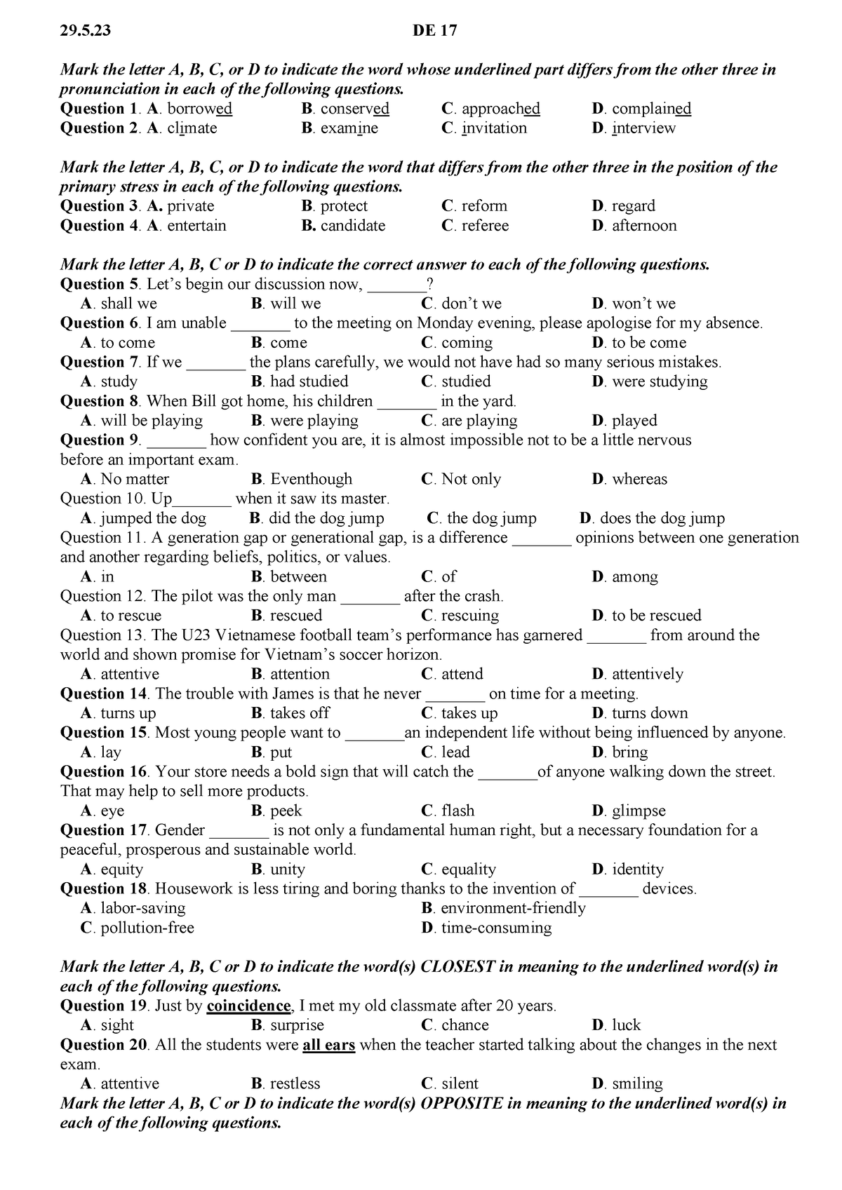 29 - Aaaa - 29.5 DE 17 Mark The Letter A, B, C, Or D To Indicate The ...