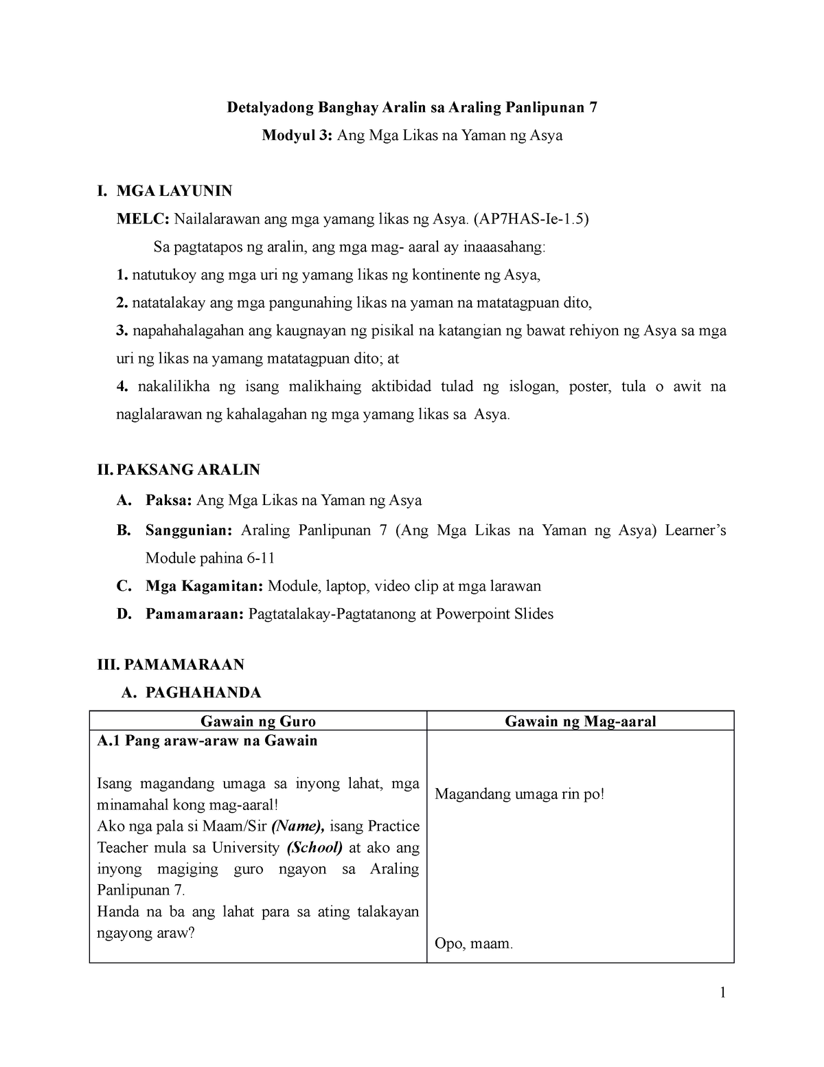 Lesson Plan Q1 M3 Mga Likas Na Yaman Sa Asya Detalyadong Banghay Aralin Sa Araling 6635