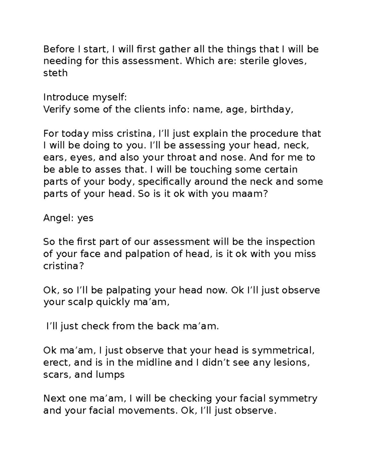 Assessment-script for role playing a scene - Before I start, I will ...