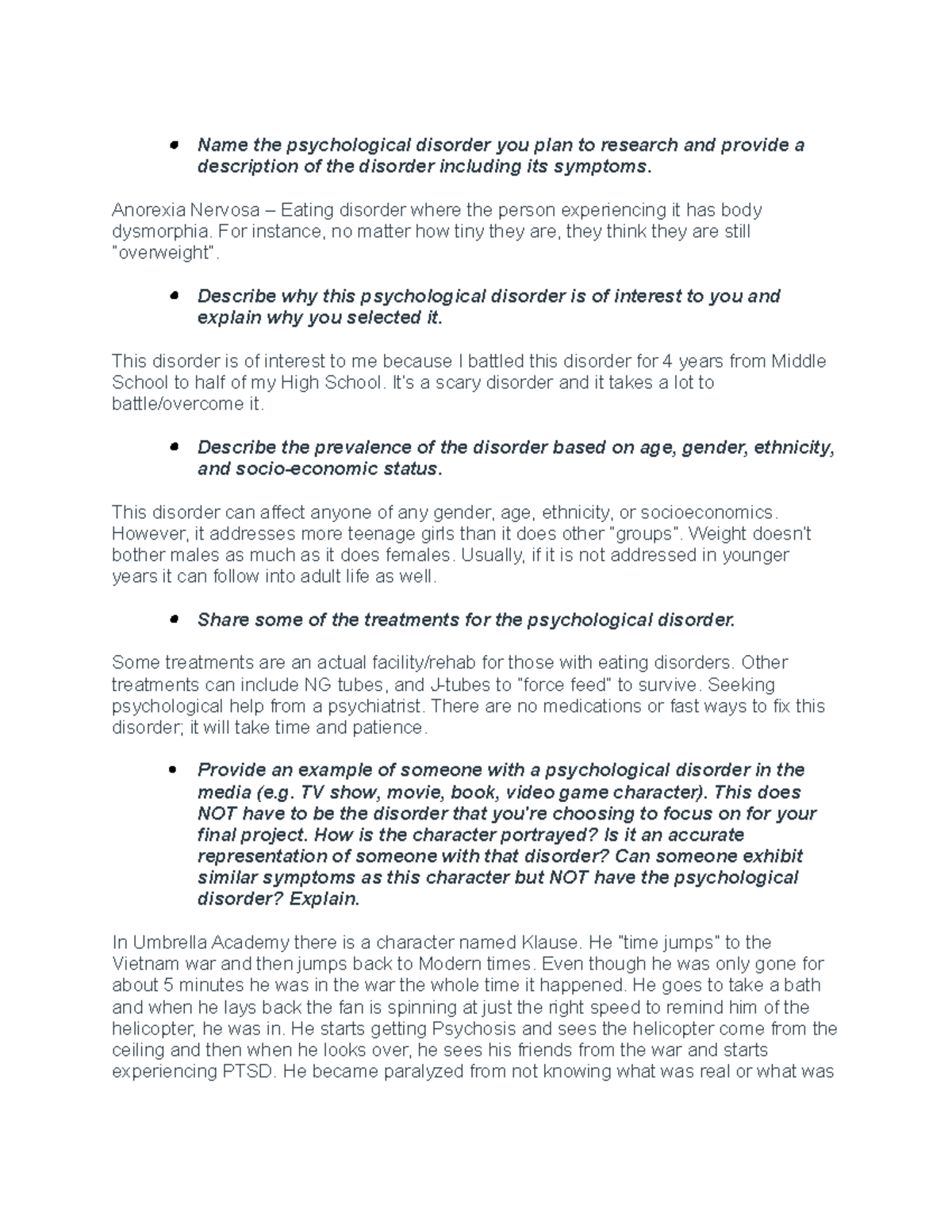 1.3 Psychological Disorders - Name the psychological disorder you plan ...
