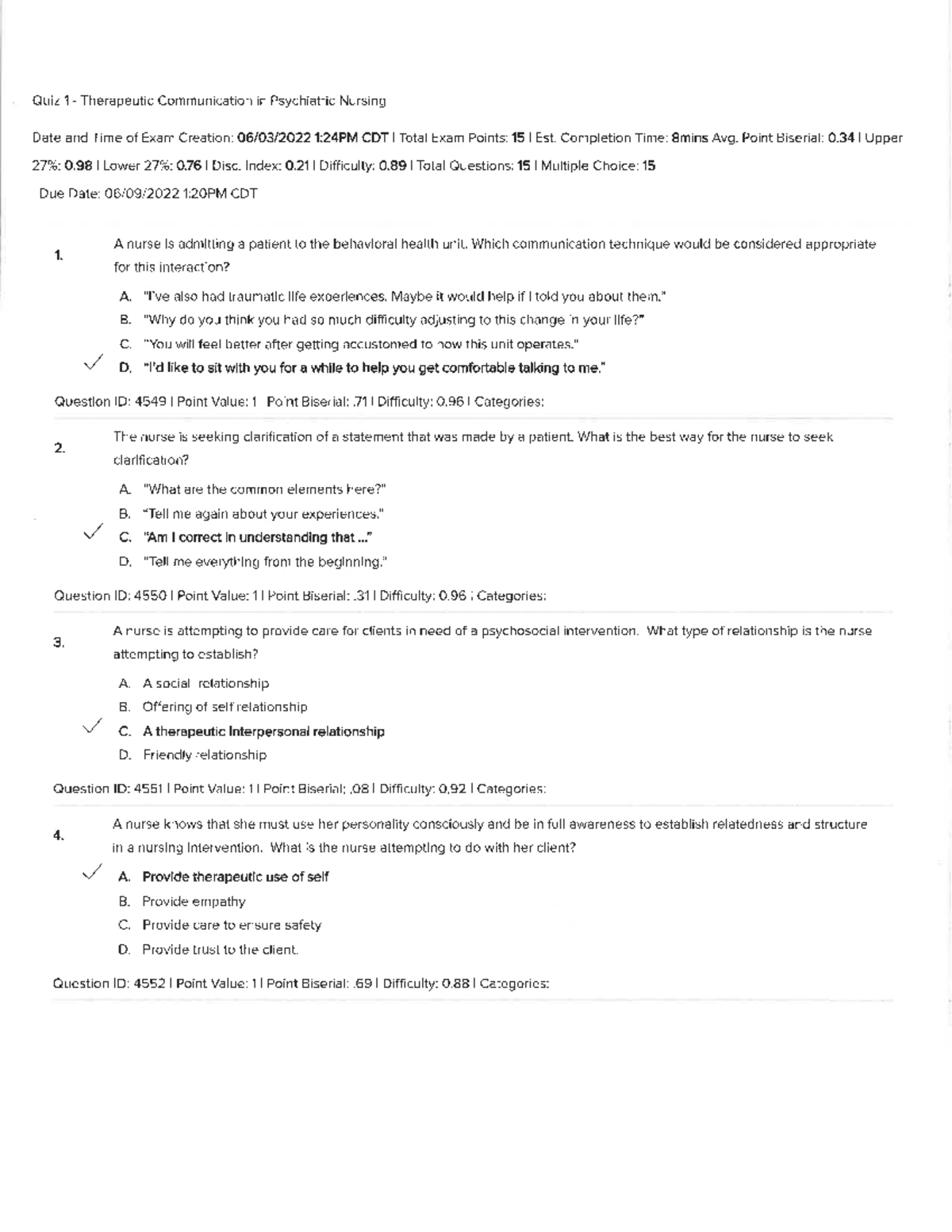 Quiz 1 Therapeutic Communication NURS 541 Studocu