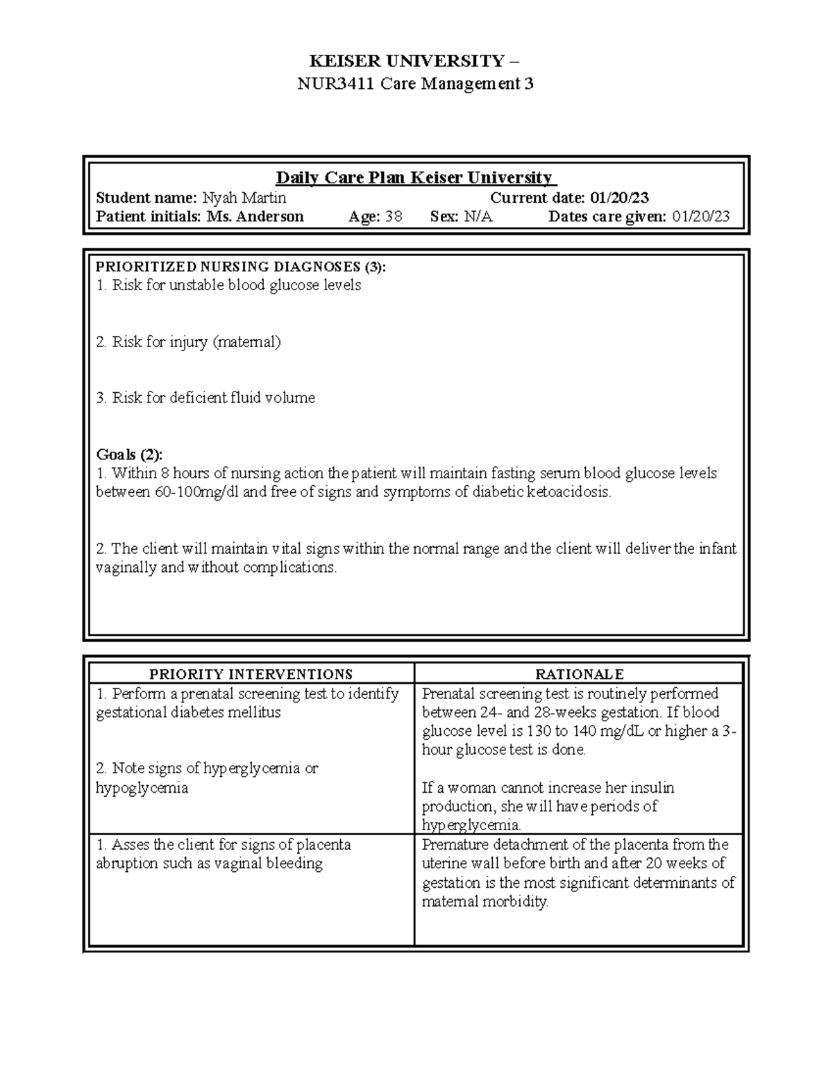 Nursing Care Plan for Gestational Diabetes - KEISER UNIVERSITY ...