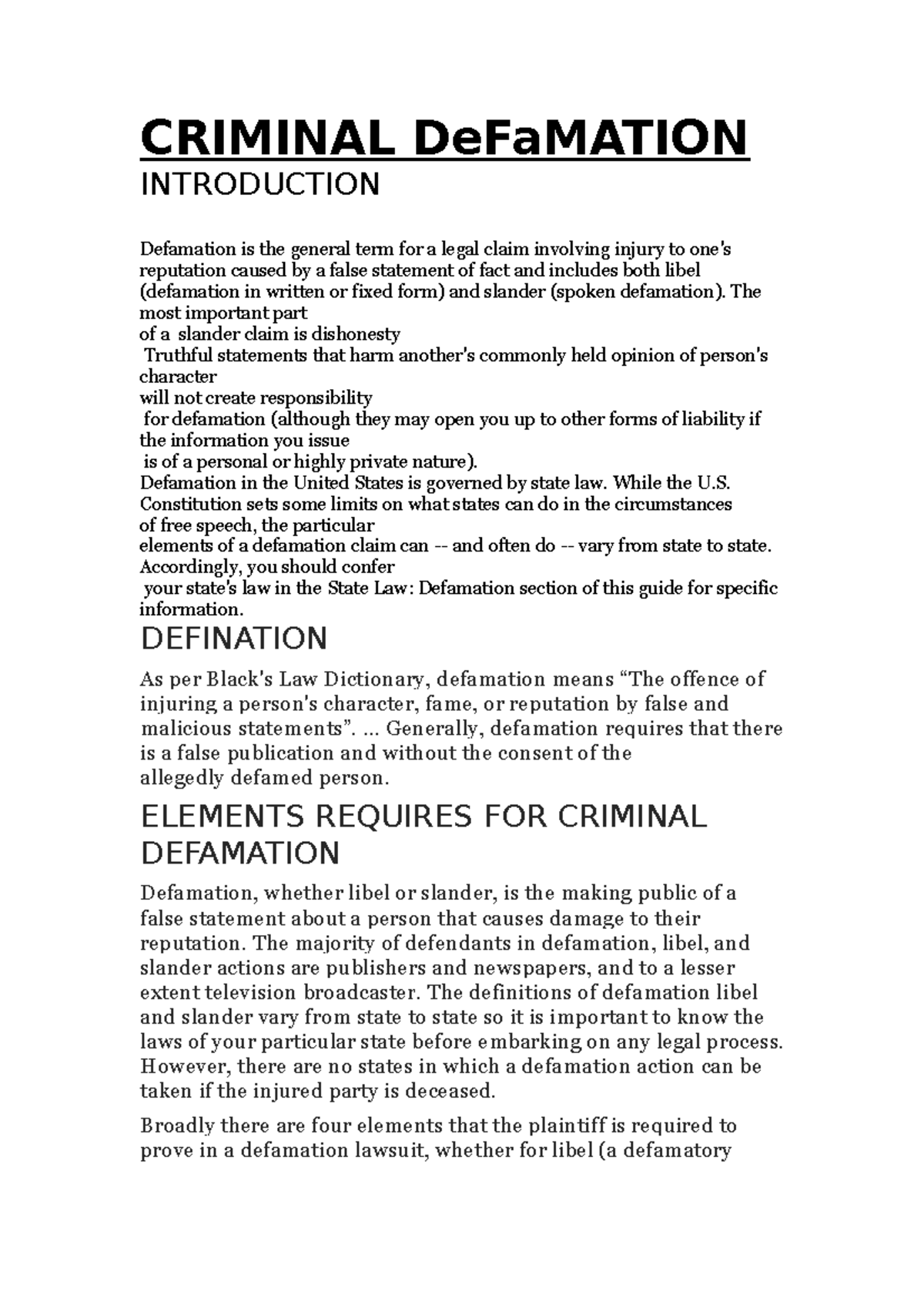 Criminal DeFaMation - CRIMINAL DeFaMATION INTRODUCTION Defamation is ...