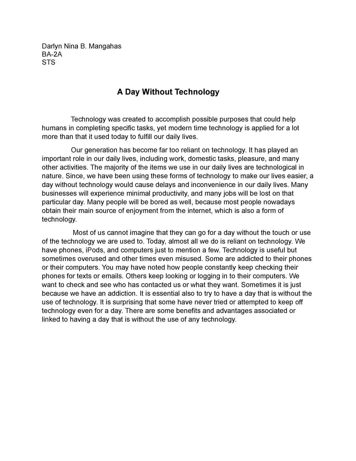 a day without technology reflection essay