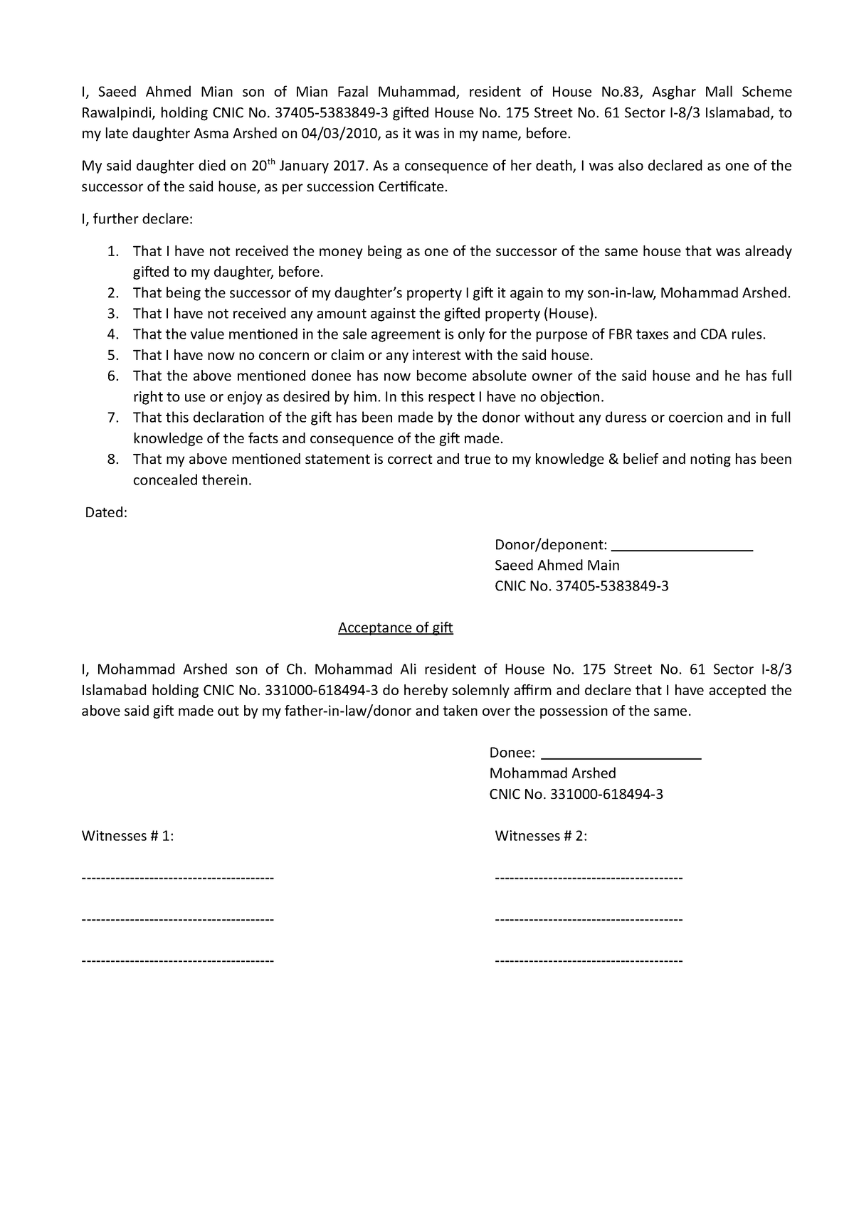 Affidavit - I, Saeed Ahmed Mian son of Mian Fazal Muhammad, resident of ...