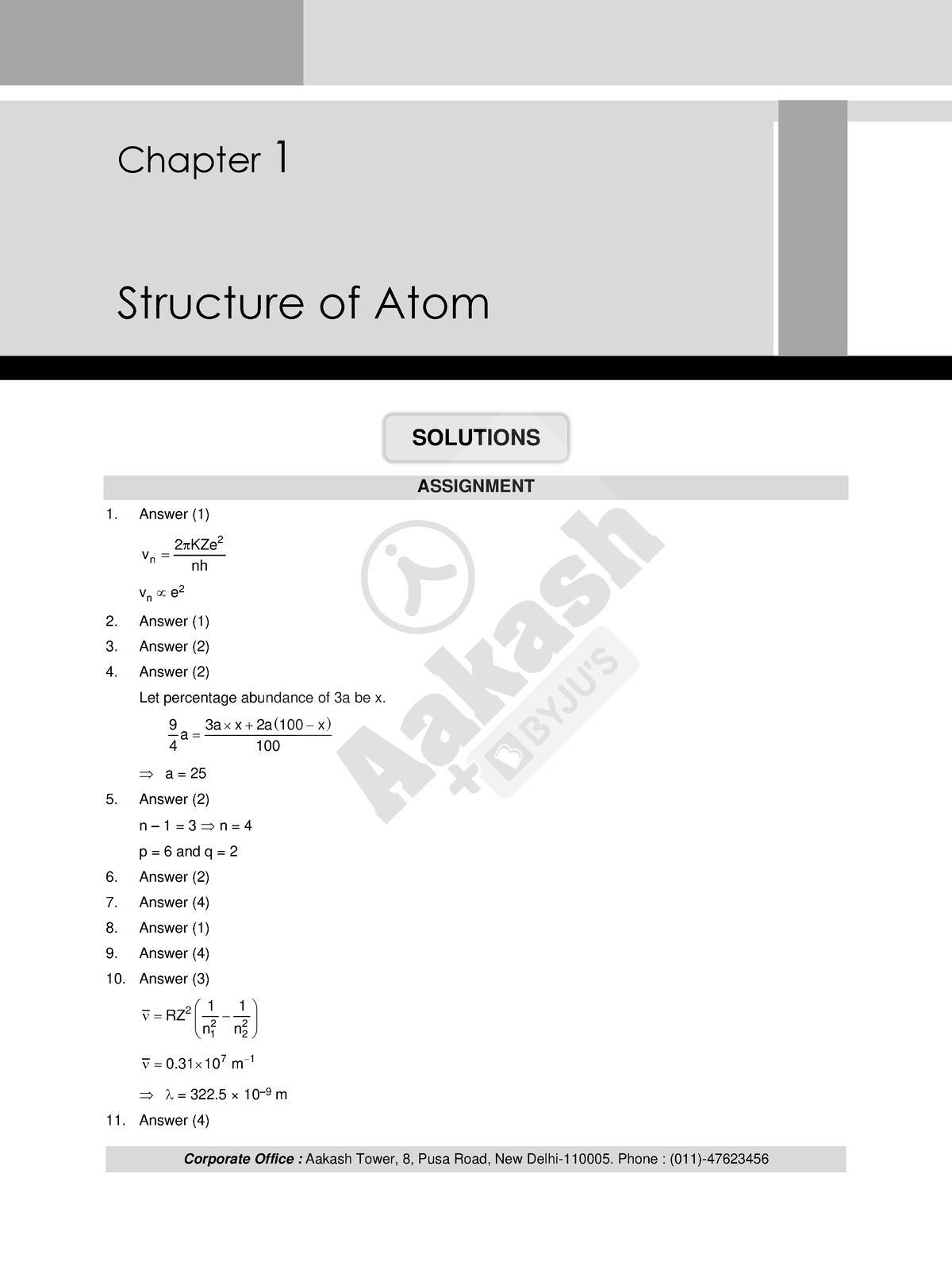 01. Structure Of Atom SOL - 1 Chapter 1 Structure Of Atom ASSIGNMENT ...