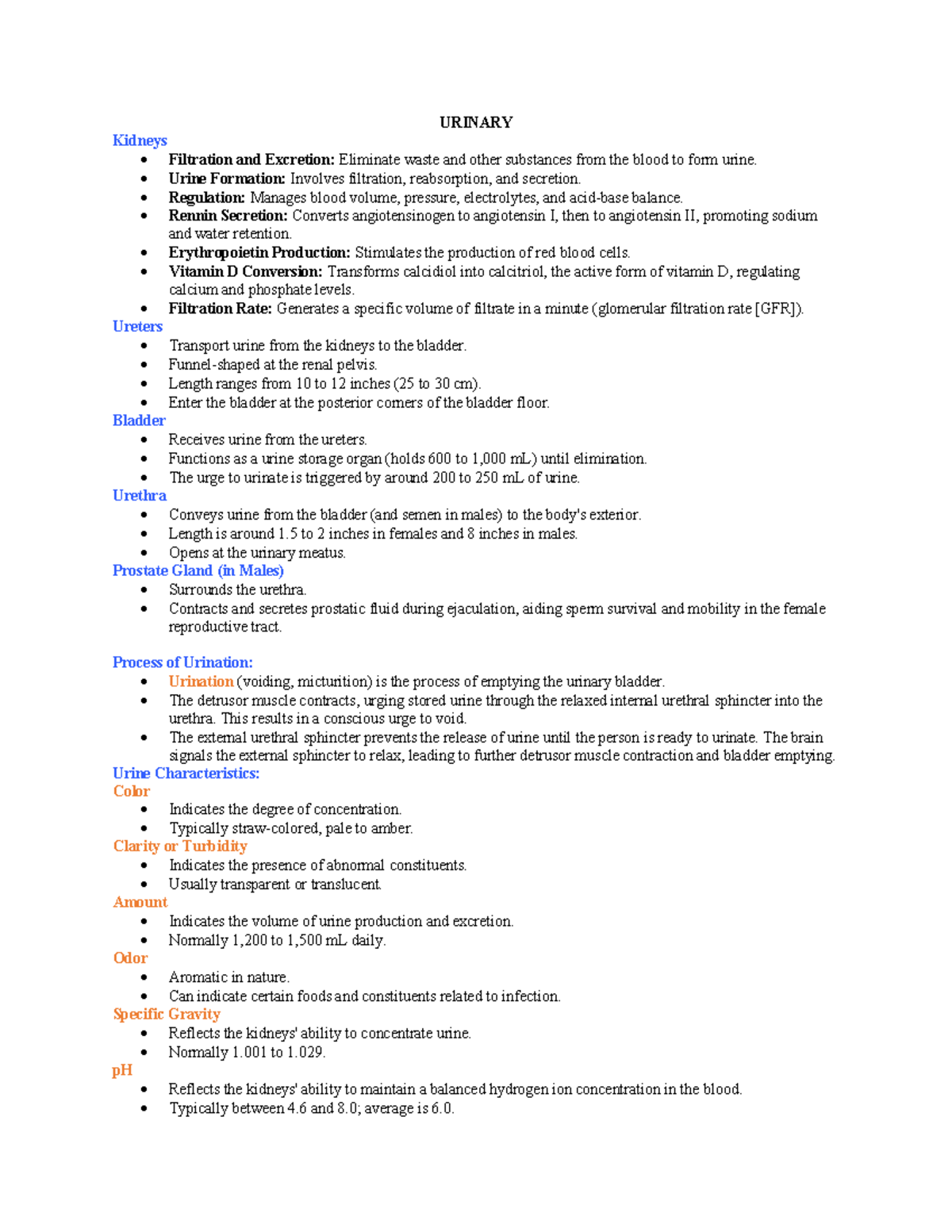 Study Guide Urinary - URINARY Kidneys - Filtration and Excretion ...