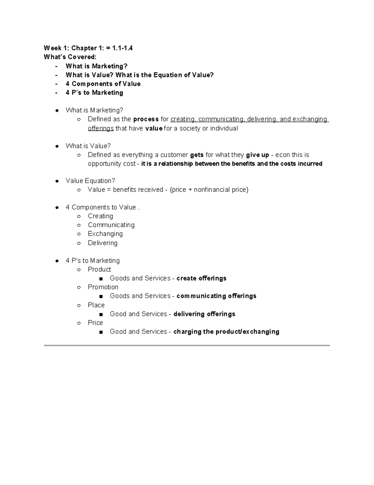 MKT100 - Marketing Notes - Week 1: Chapter 1: = 1-1. What’s Covered ...