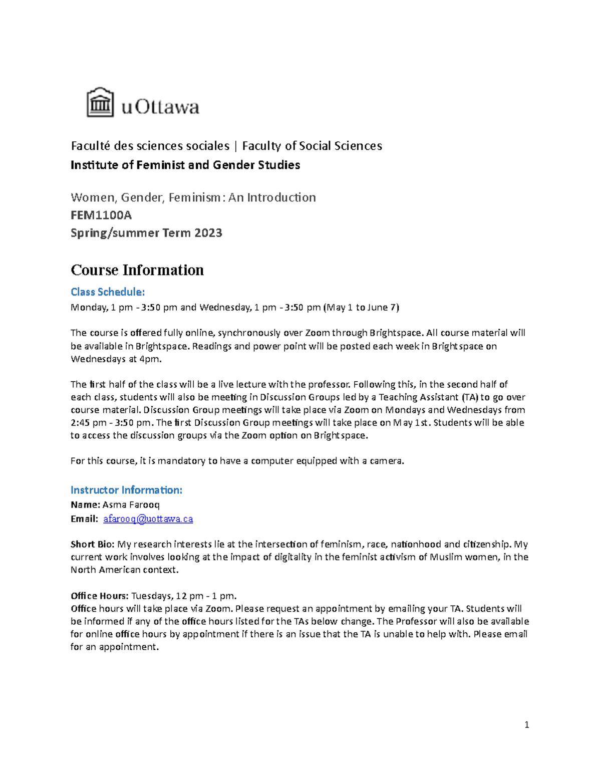 FEM 1100 FSS Spring Summer 2023 revised FEM1100 uOttawa Studocu