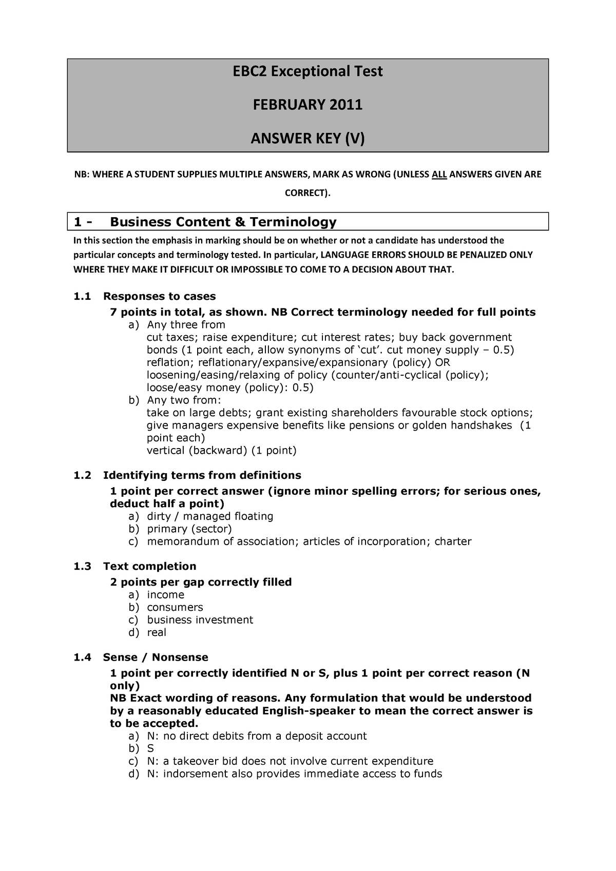 Business English - EBC2 Exceptional Test FEBRUARY 2011 ANSWER KEY (V ...