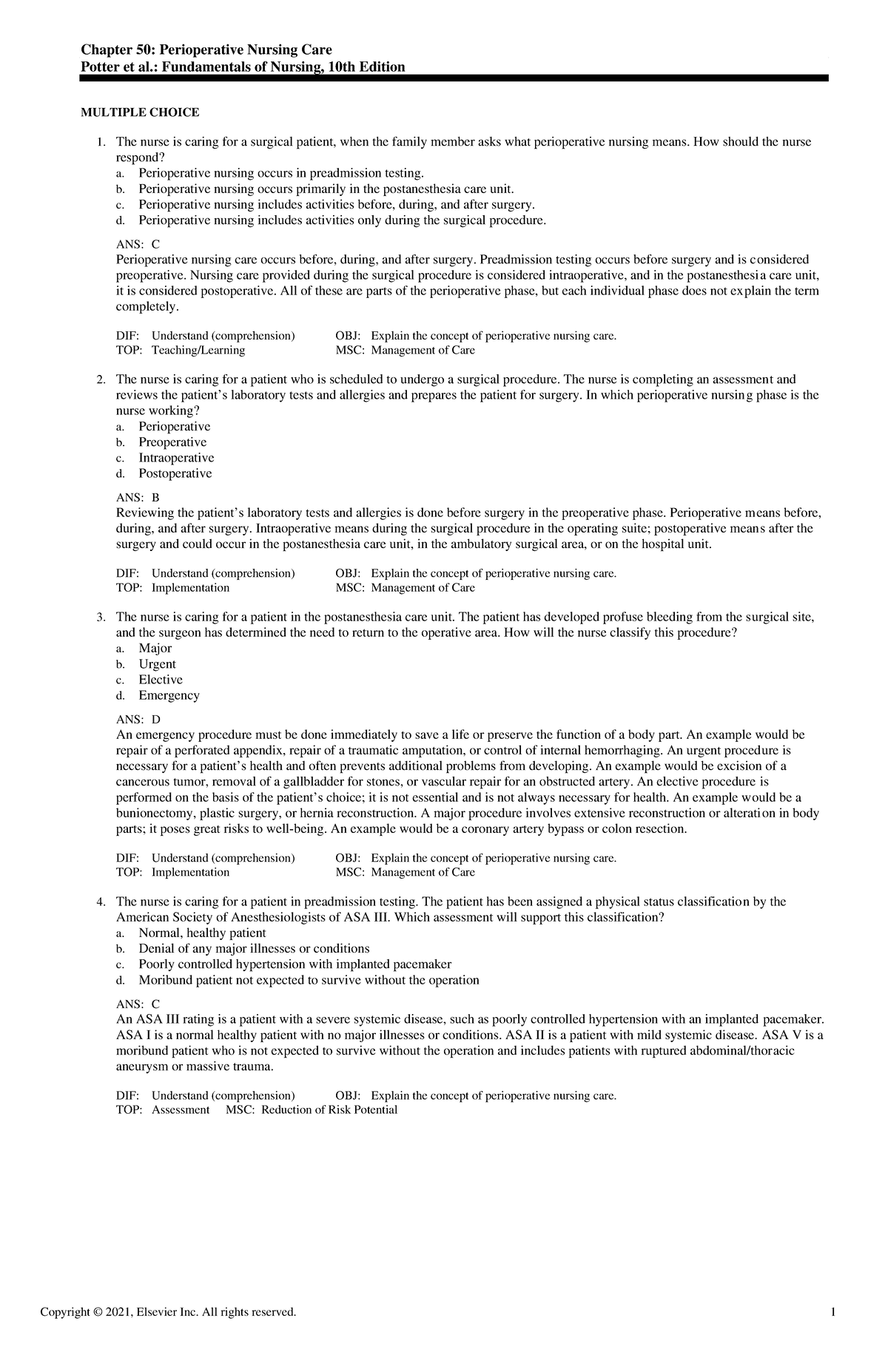 Exam View - Chapter 50 - Chapter 50: Perioperative Nursing Care Potter ...