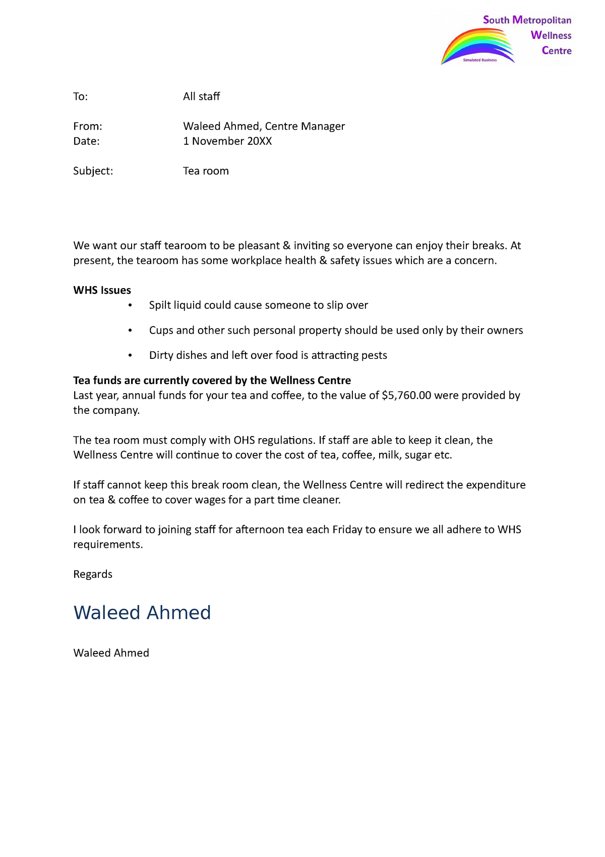 smwc-email-template-to-all-staf-from-waleed-ahmed-centre-manager-date-1-november-20xx