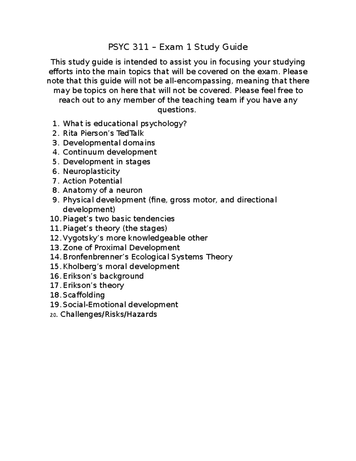 PSYC 311 Exam 1 Study Guide - PSYC 311 – Exam 1 Study Guide This study ...