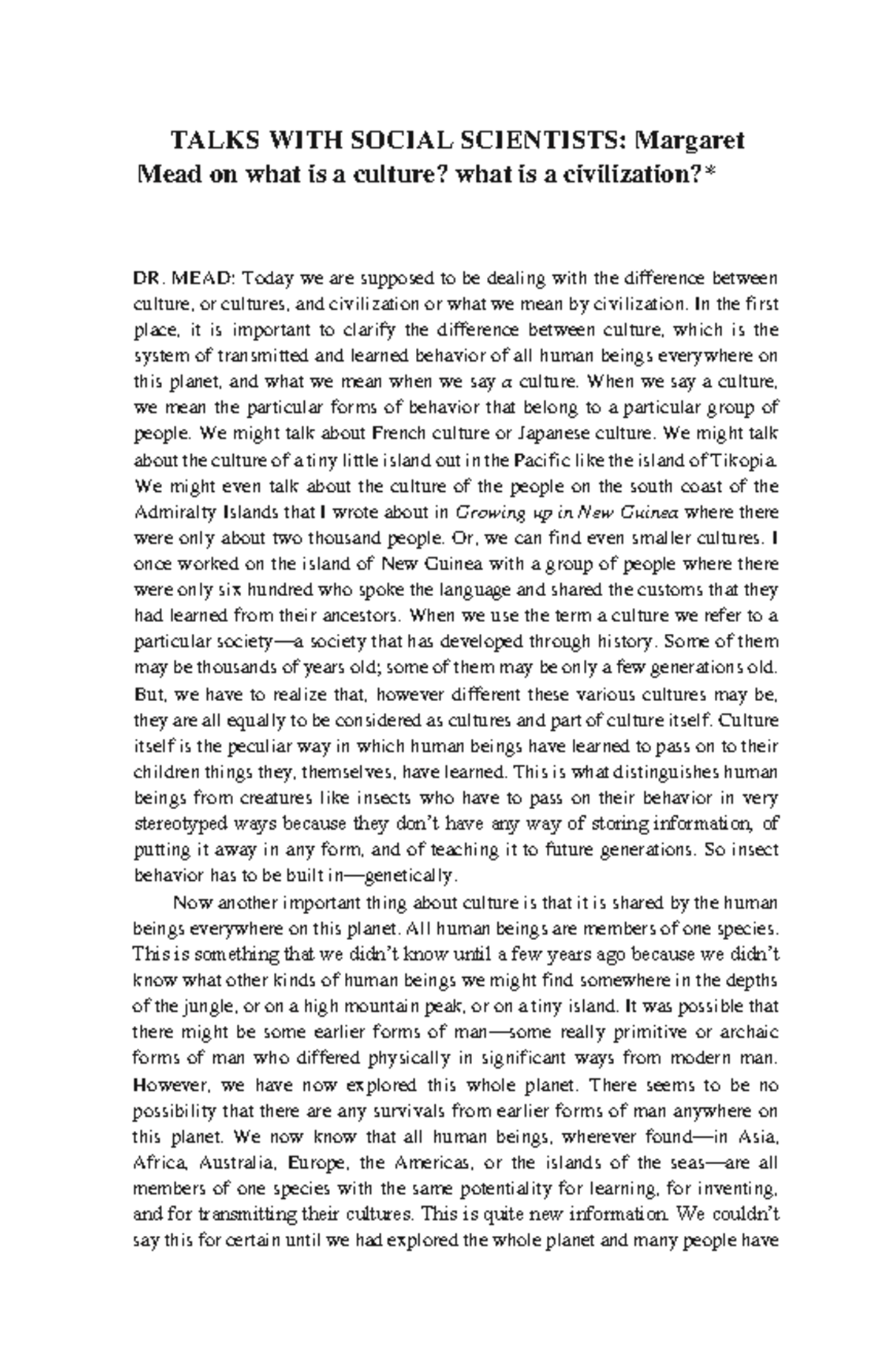 Margaret Mead Studying Ch02 Civilization TALKS WITH SOCIAL SCIENTISTS