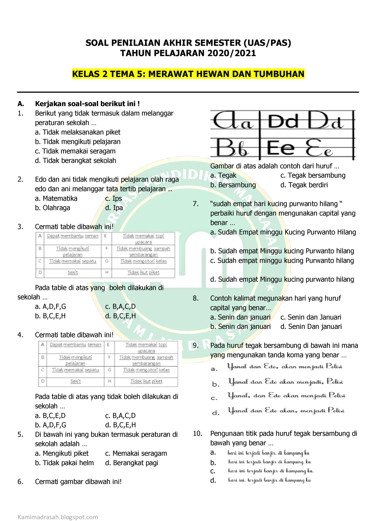 Soal PAS Kelas 2 Tema 6 - Kamimadrasah - SOAL PENILAIAN AKHIR SEMESTER ...