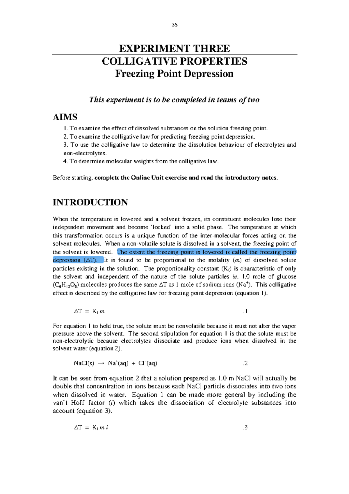 CHE144 Exp 3 Colligative Properties - EXPERIMENT THREE COLLIGATIVE ...