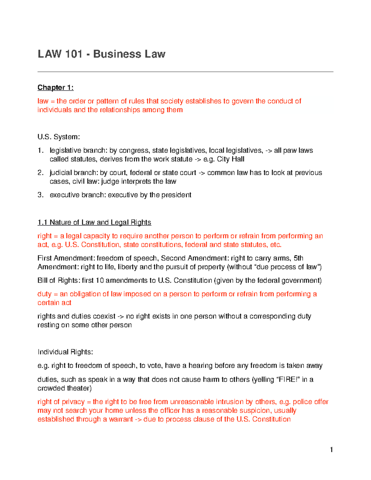 LAW101 - Lecture Notes Ch. 1, 2, 7, 8, 11, 12 - LAW 101 - Business Law ...