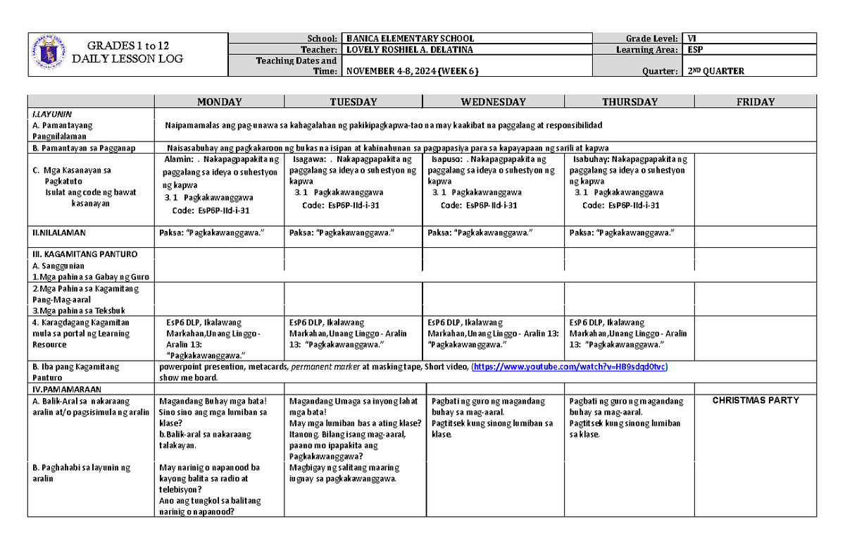DLL ESP 6 Q2 W6 - DLL ESP 6 Q2 W6 - GRADES 1 to 12 DAILY LESSON LOG ...
