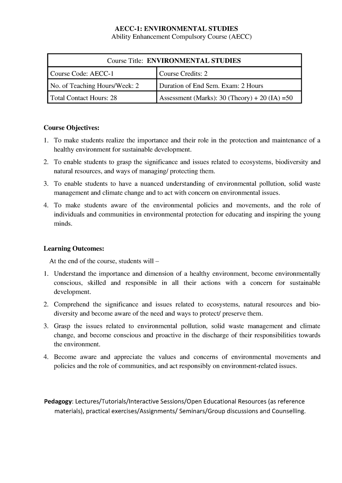 Environment-al Studies Syllabus - AECC-1: ENVIRONMENTAL STUDIES Ability ...