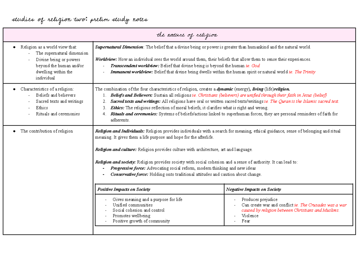 SOR 2 Preliminary Study Notes - studies of religion two: prelim study ...