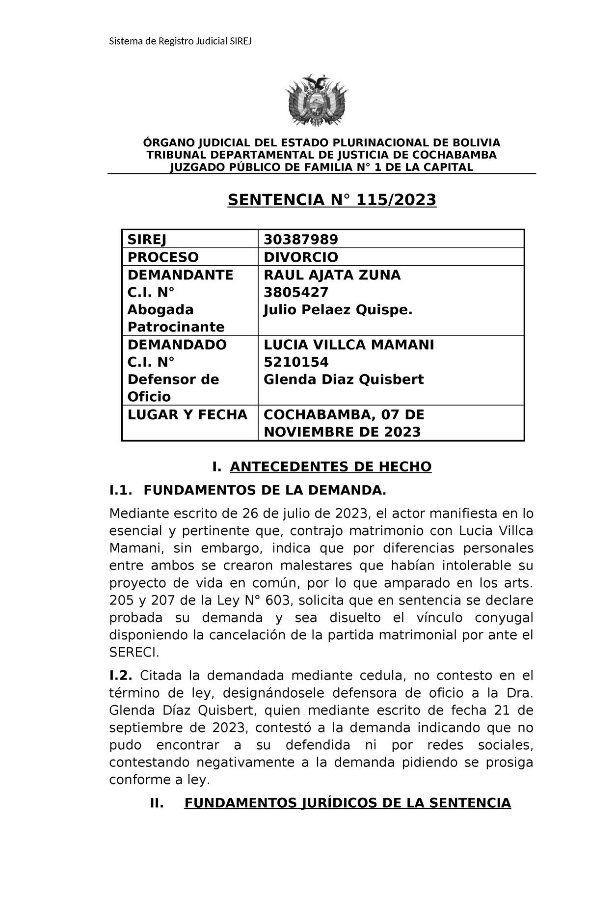 Sentencia ajata villca modelo de sentencia de divorcio ley 603 bolivia