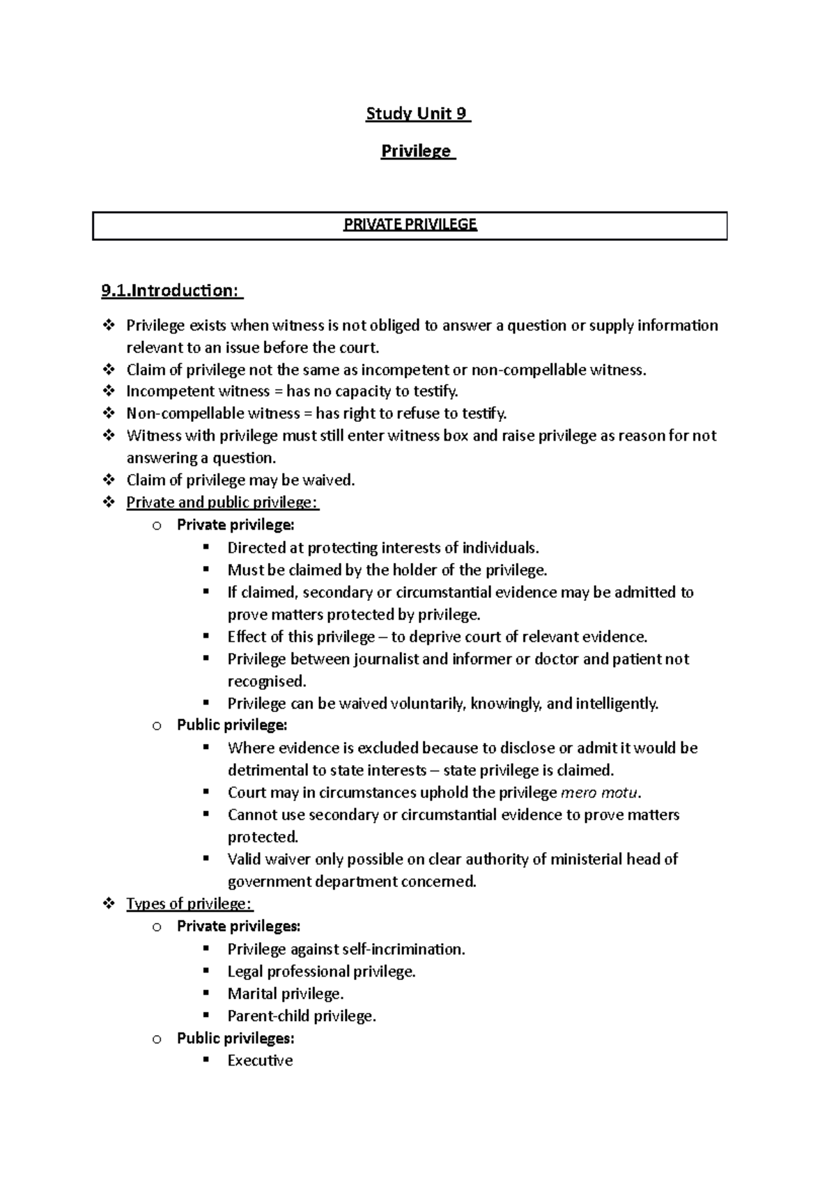 IURI371 - Study Unit 9 - Study Unit 9 Privilege PRIVATE PRIVILEGE 9.1 ...
