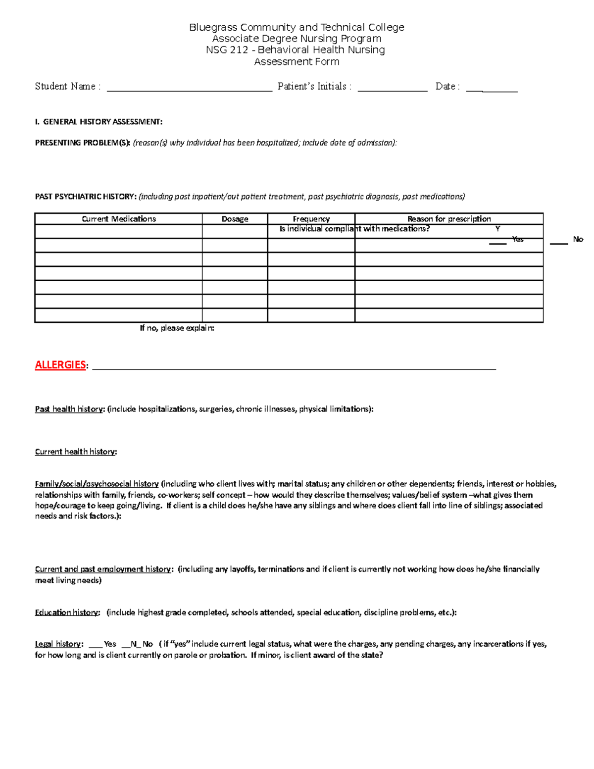 NSG Behavior Health Assessment AND Nursing History FORM - Bluegrass ...