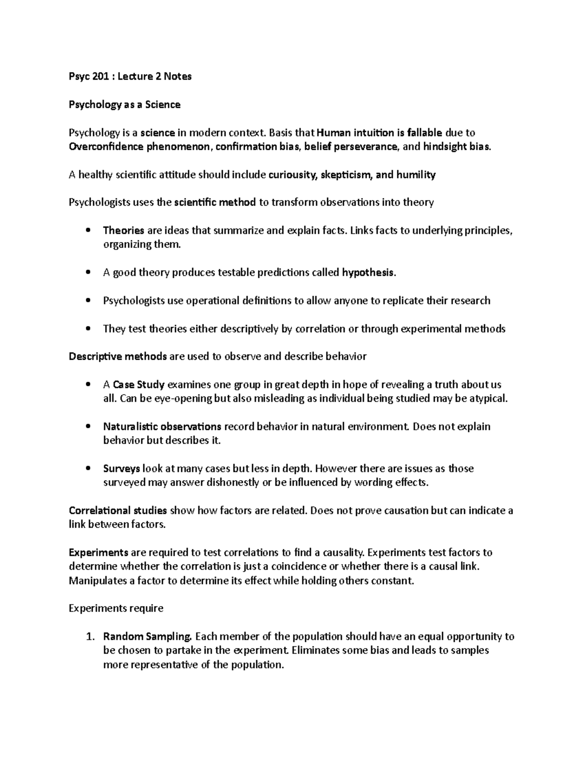 Psyc 201 Lecture 2 notes - Psyc 201 : Lecture 2 Notes Psychology as a ...