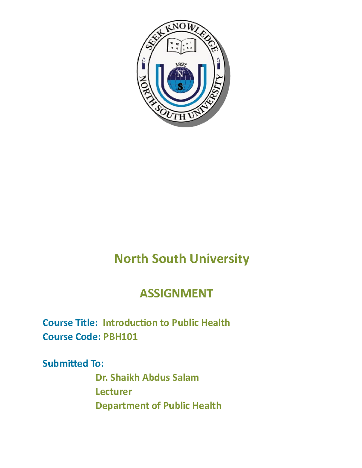 PBH101 Assignment - North South University ASSIGNMENT Course Title ...