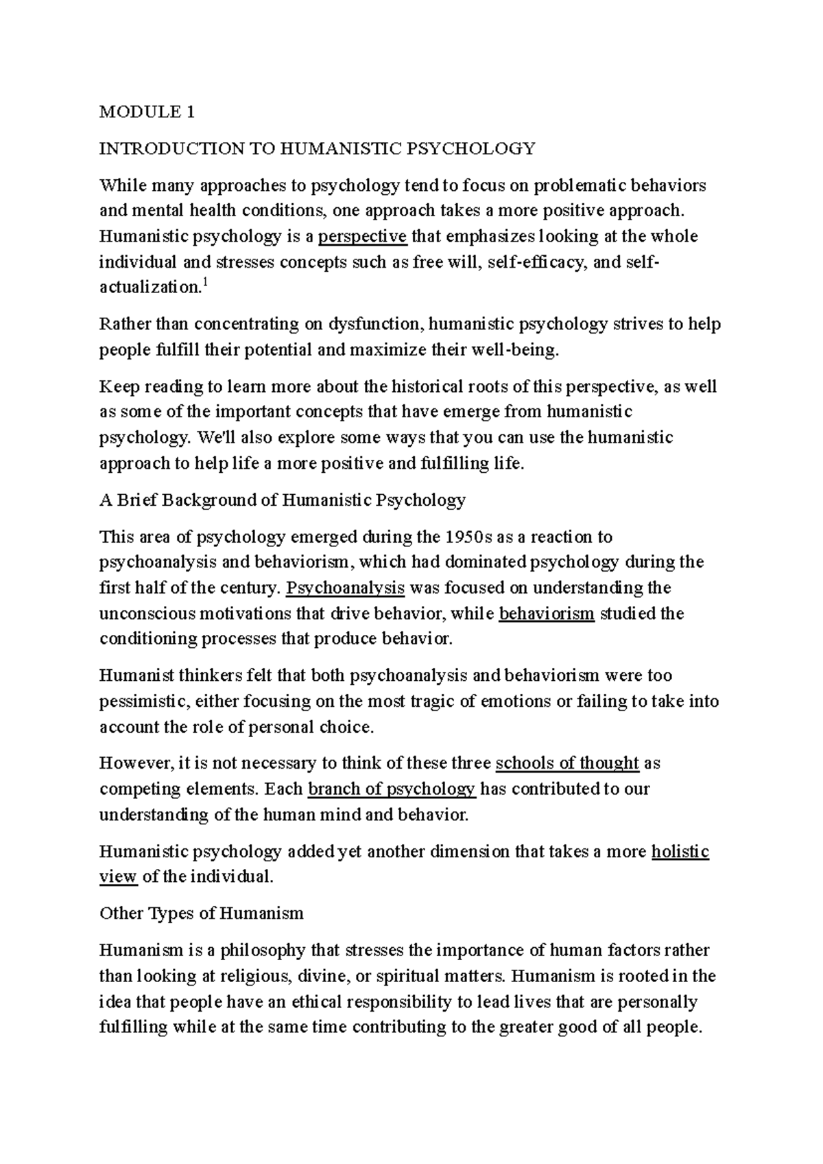 Humanistic psyc - Mod1 - MODULE 1 INTRODUCTION TO HUMANISTIC PSYCHOLOGY ...