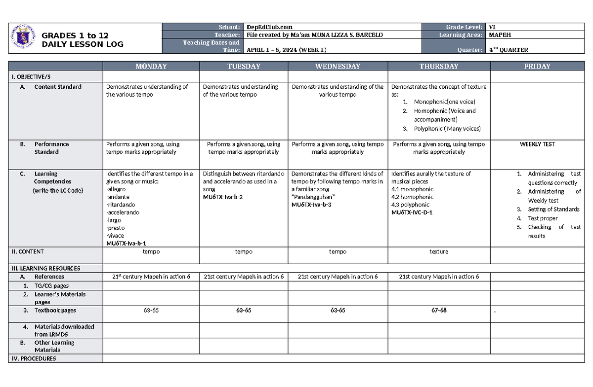 DLL Mapeh 6 Q4 W1 - GRADES 1 to 12 DAILY LESSON LOG School: DepEdClub ...