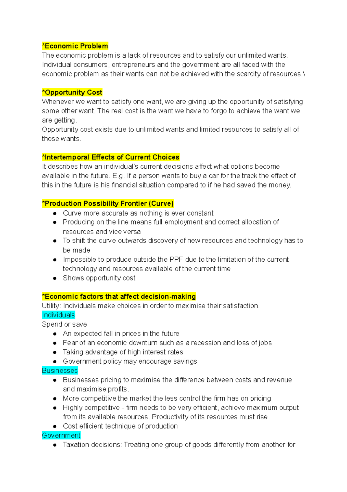 key economic term notes - *Economic Problem The economic problem is a ...