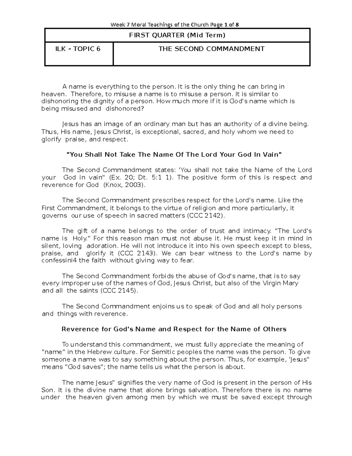 Topic 6 Second Commandment - Week 7 Moral Teachings of the Church Page ...