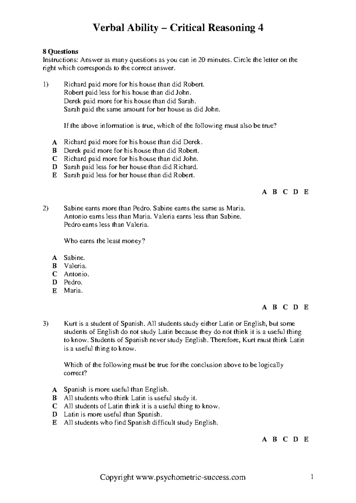 Psychometric Success Verbal Ability - Critical Reasoning Practice Test ...