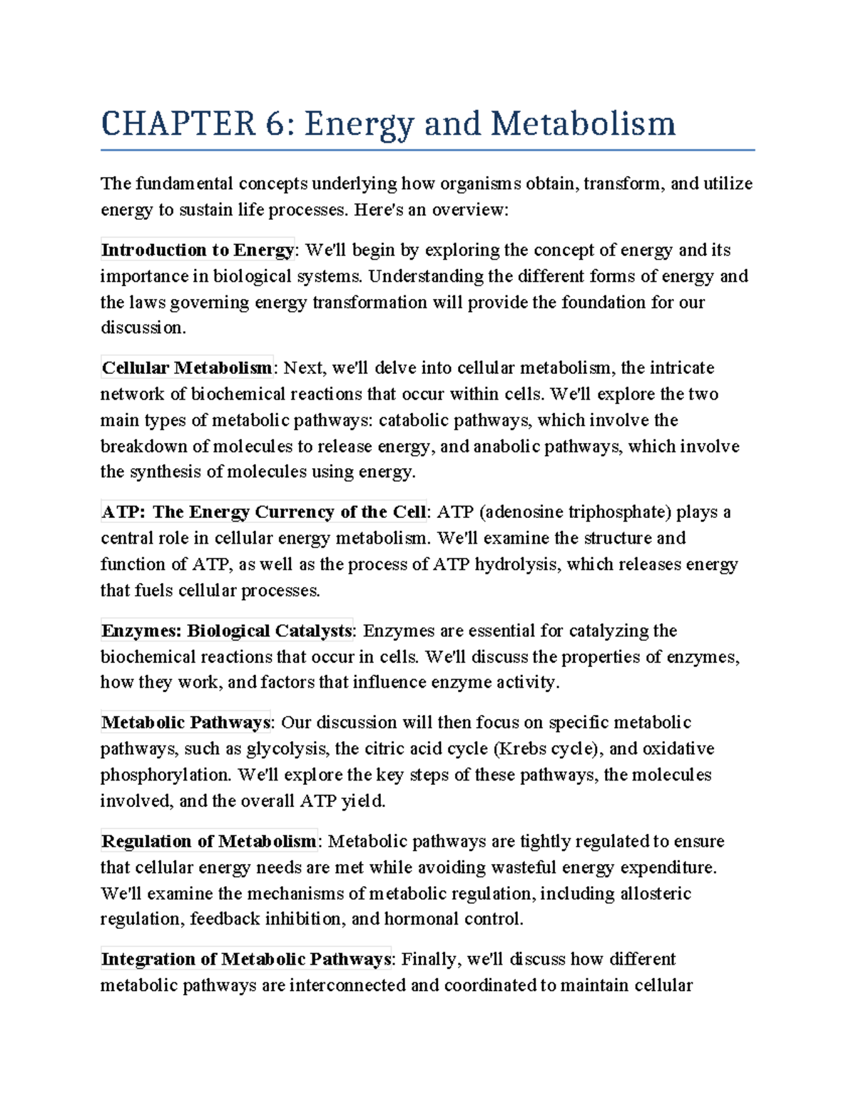 BIO 151 Chapter 6 - notes - CHAPTER 6: Energy and Metabolism The ...