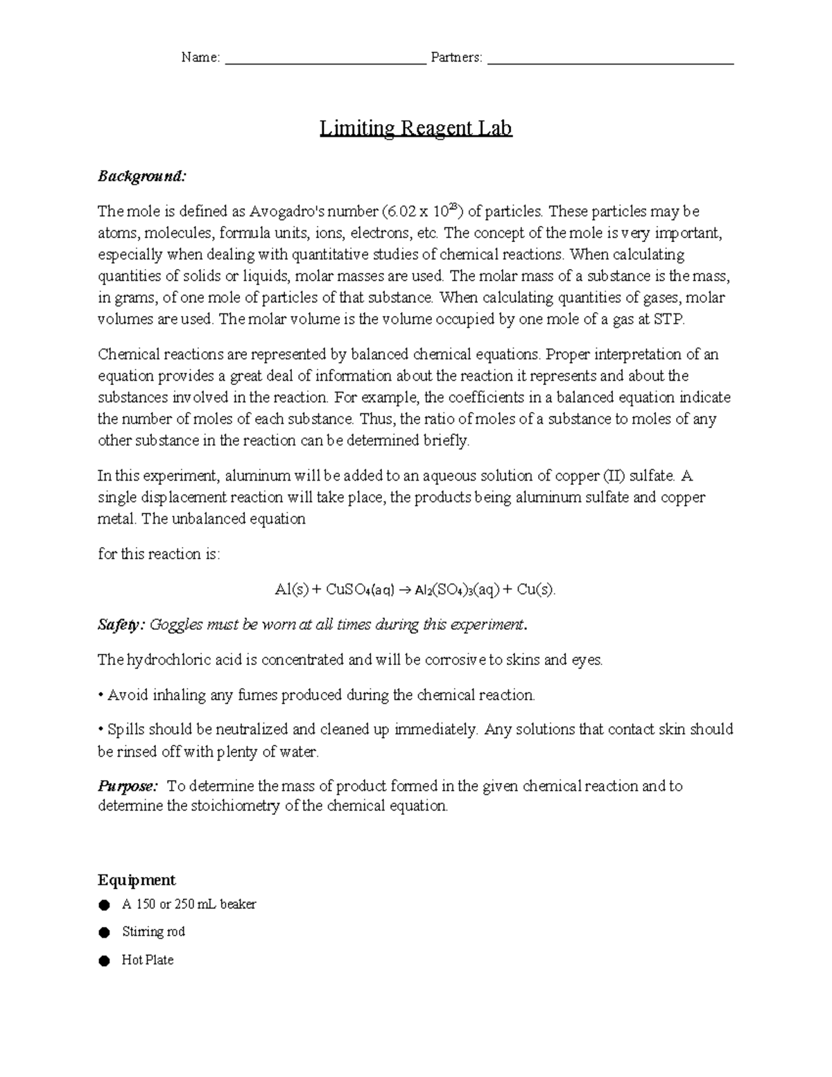 Copy of Limiting Reagent Lab - Limiting Reagent Lab Background: The ...