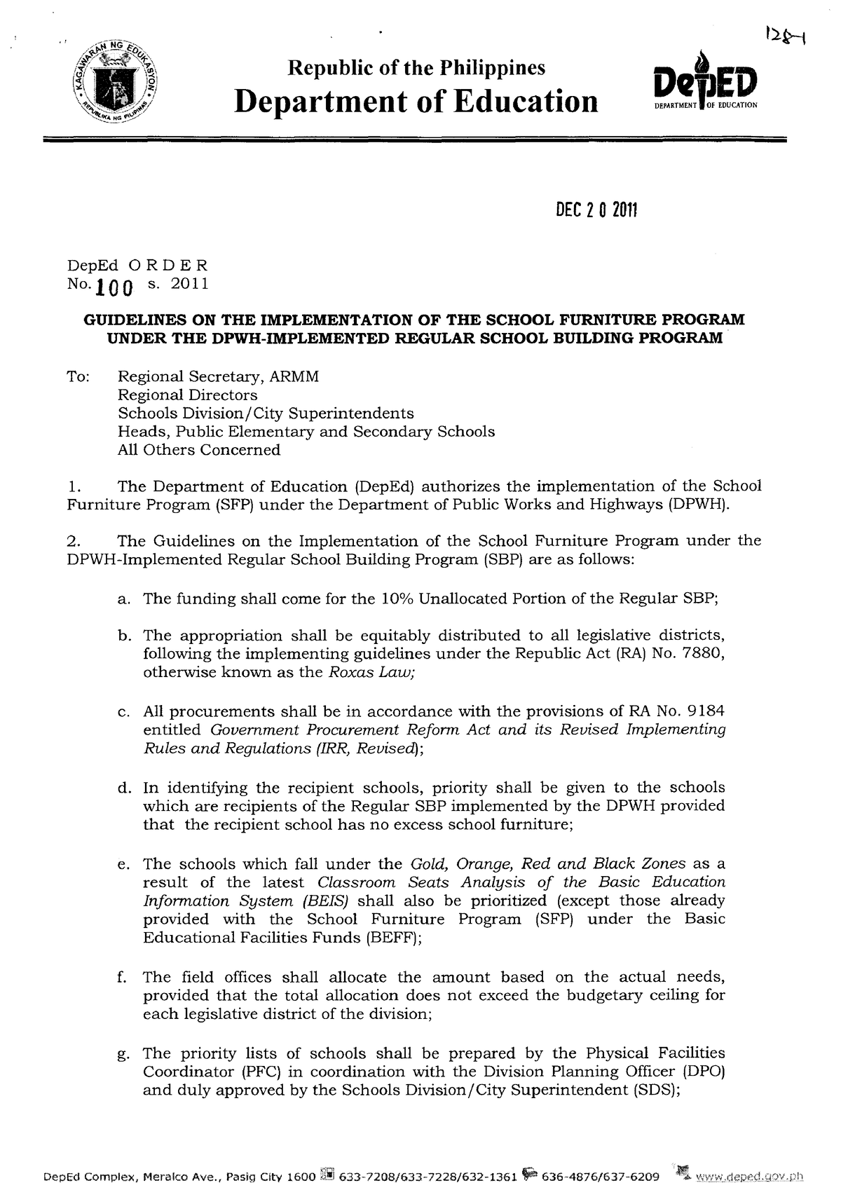 Guidelines ON THE Implementation OF THE School Furniture Program Under ...