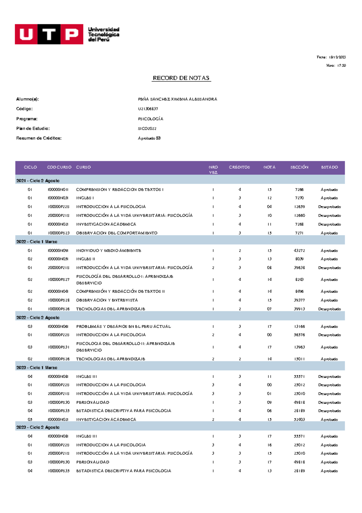 Record de notas, agosto 2023 - Fecha: 18 /12/ Hora: 17 : 30 RECORD DE ...