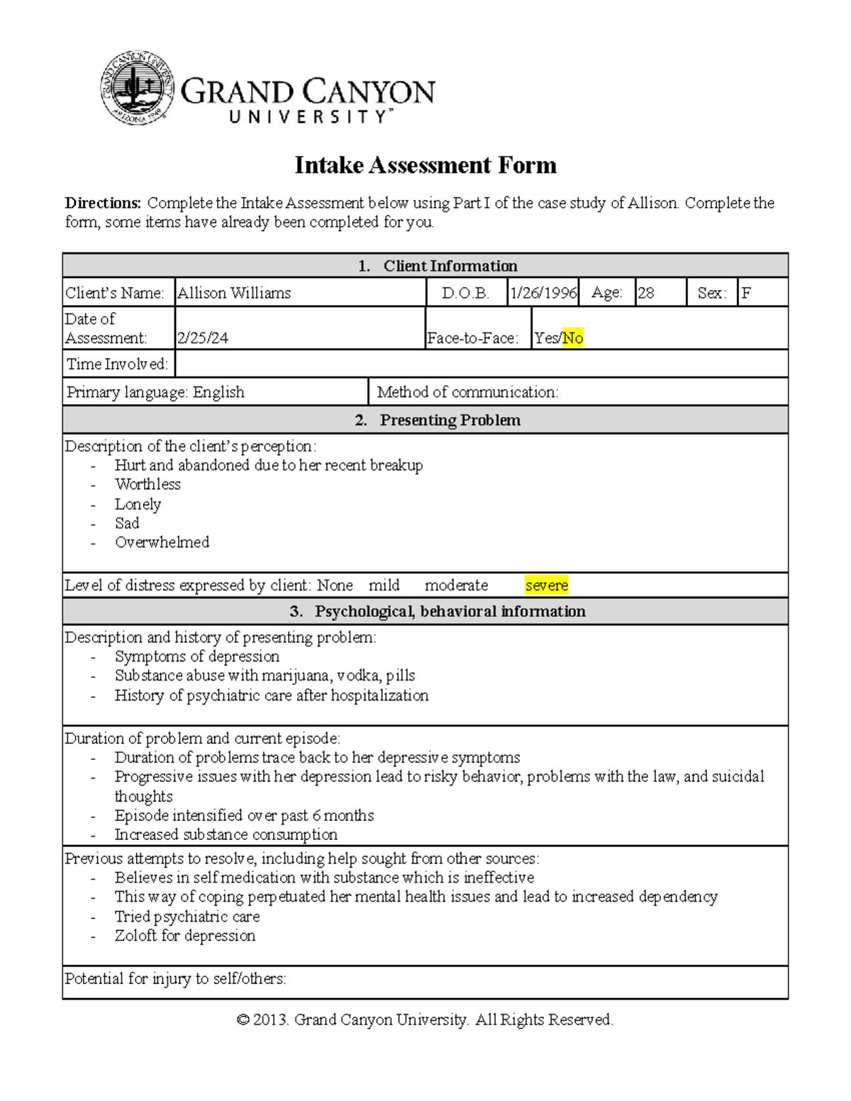 PCN255 - PCN 255 - Intake Assessment Form Directions: Complete the ...