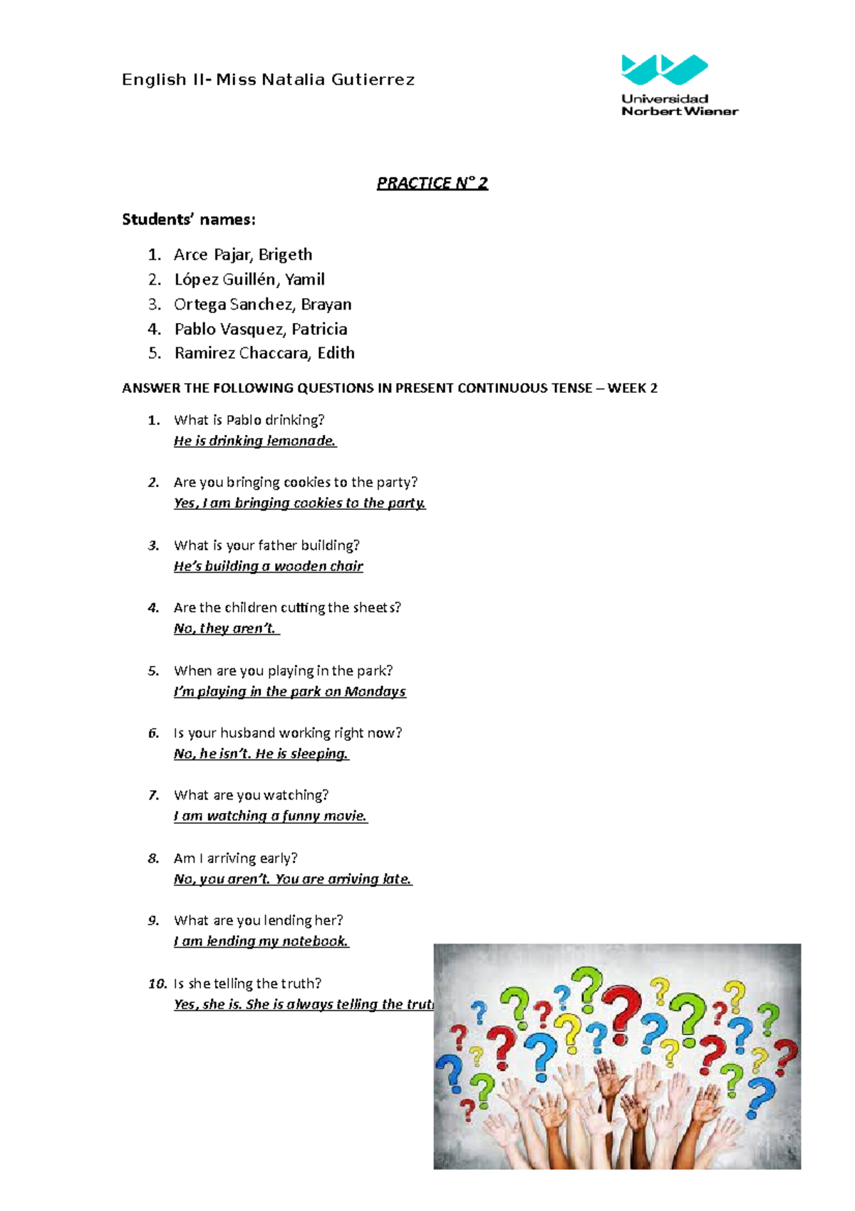 English II- task 2 ingles - English II- Miss Natalia Gutierrez PRACTICE ...