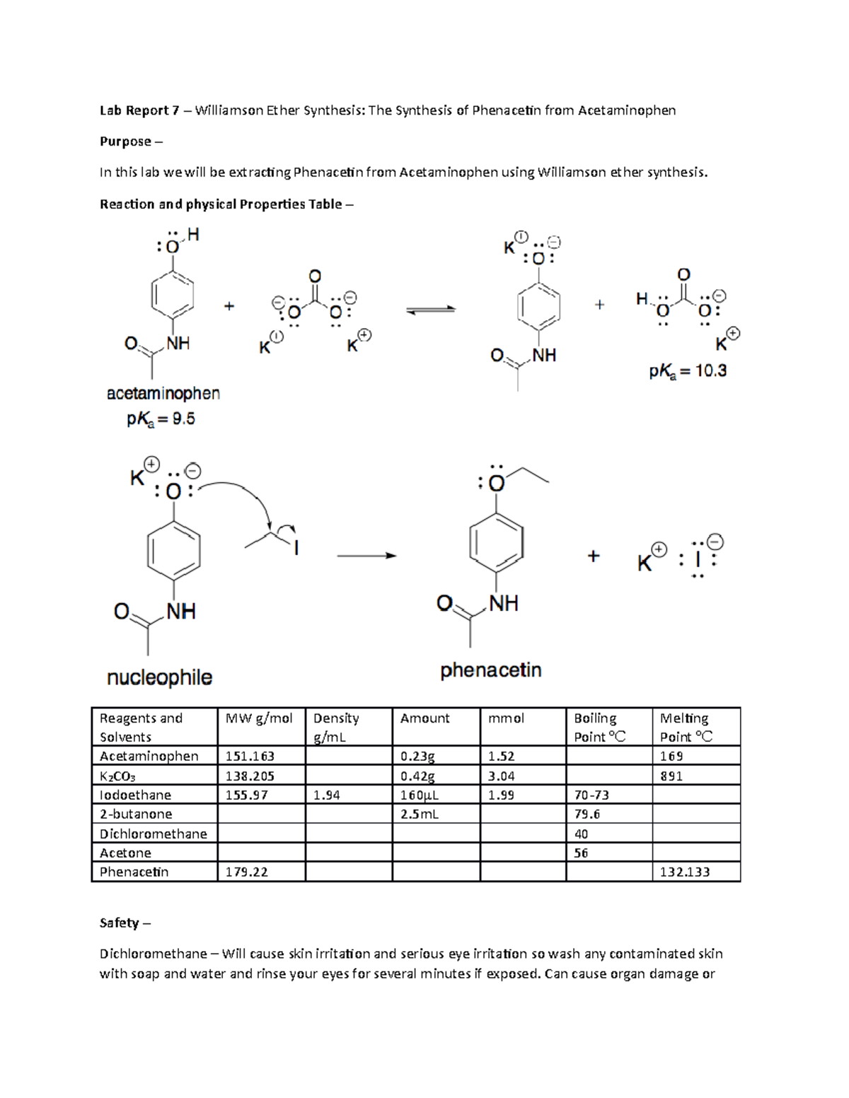 Lab Report 7 Williamson Ether Synthesis The Synthesis of Phenacetin