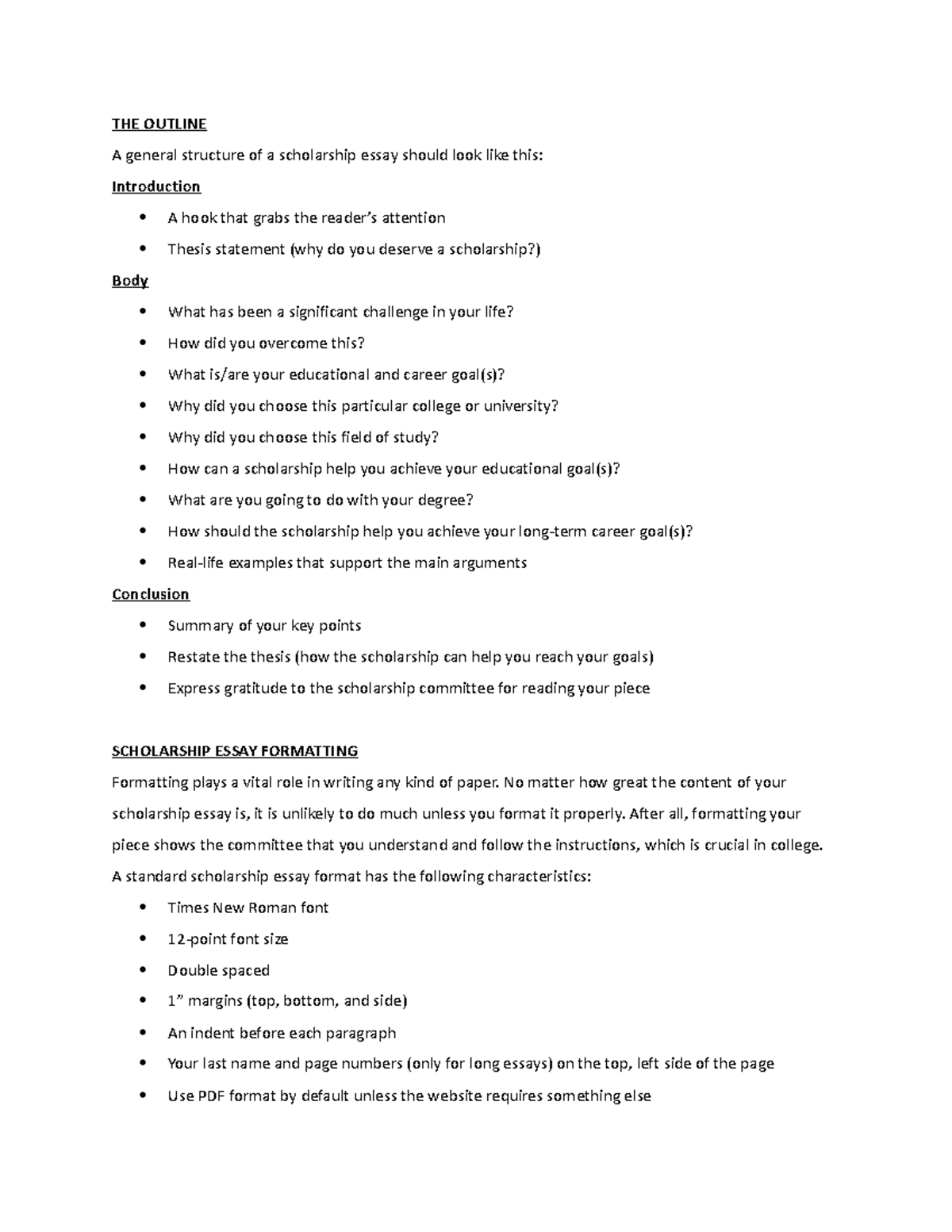 Essay Notes - THE OUTLINE A general structure of a scholarship essay ...